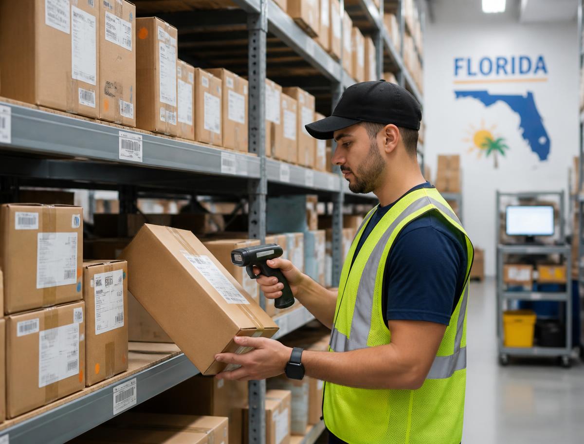 Paquetes organizados en nuestra bodega de casillero en Orlando, Florida
