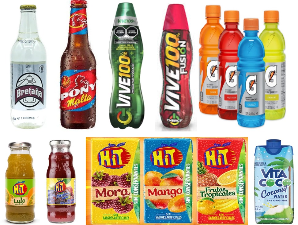 Bebidas colombianas e internacionales: Breñaña, Pony Malta, Vive 100, Gatorade, Hit e Vita Coco