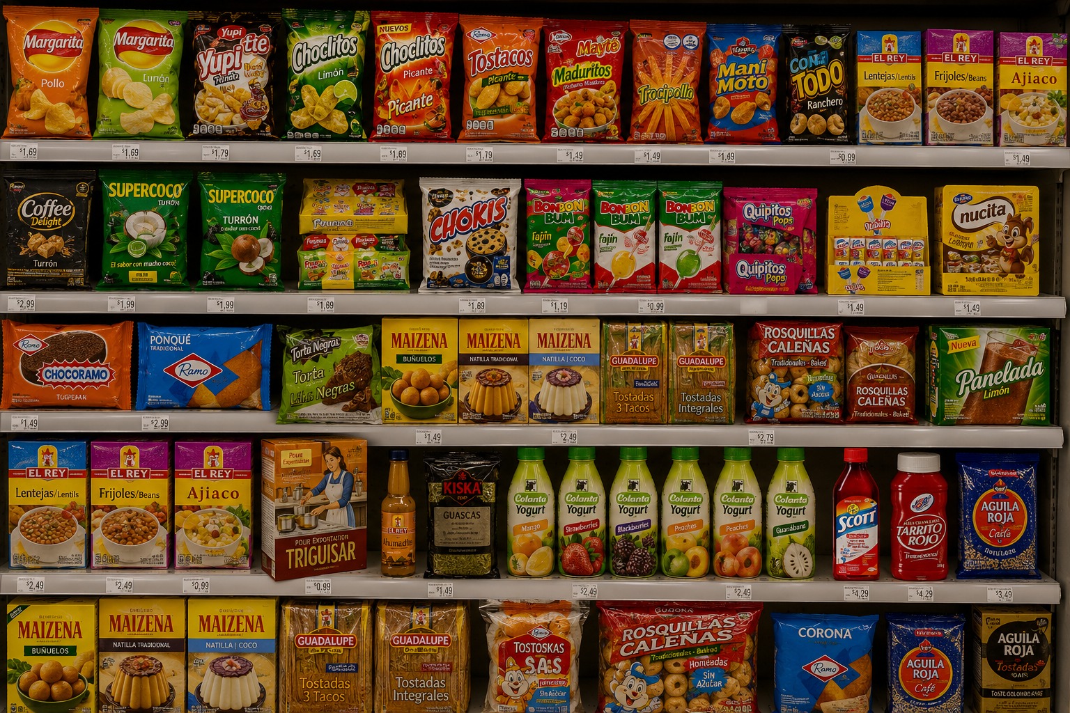 Prateleira do minimarket com variedade de produtos colombianos