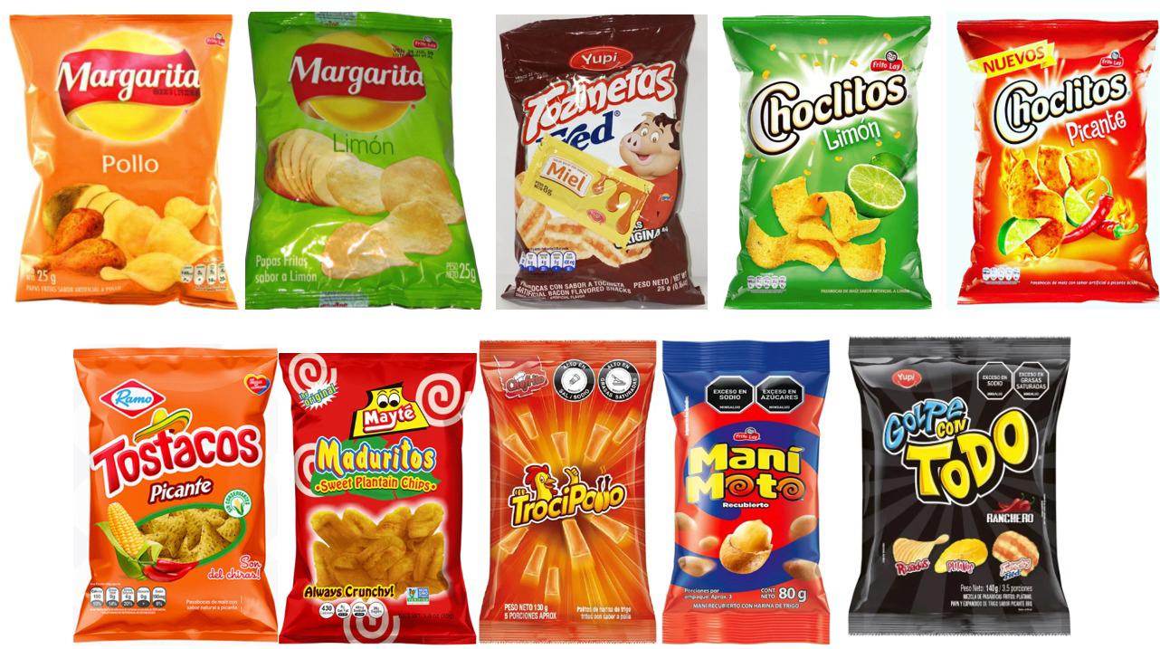 Paquetes de papas y pasabocas colombianos Margarita, Yupi y Ramo